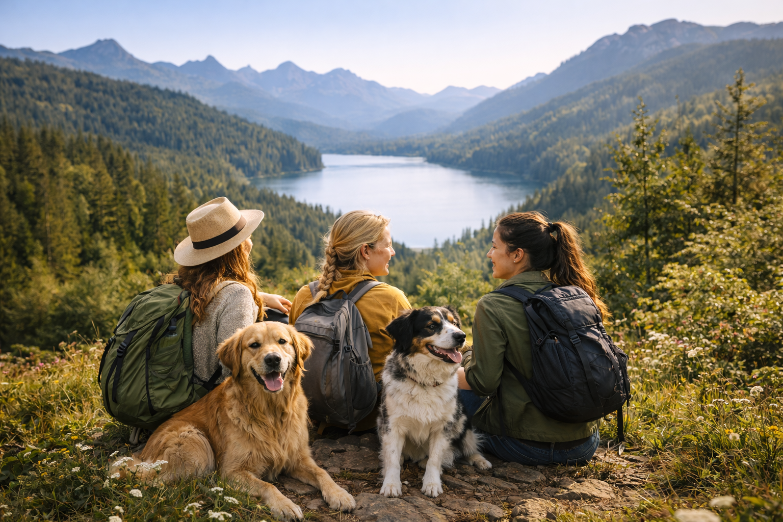 Zwei Hunde und ihre Besitzer beim gemeinsamen Gassigehen im Park